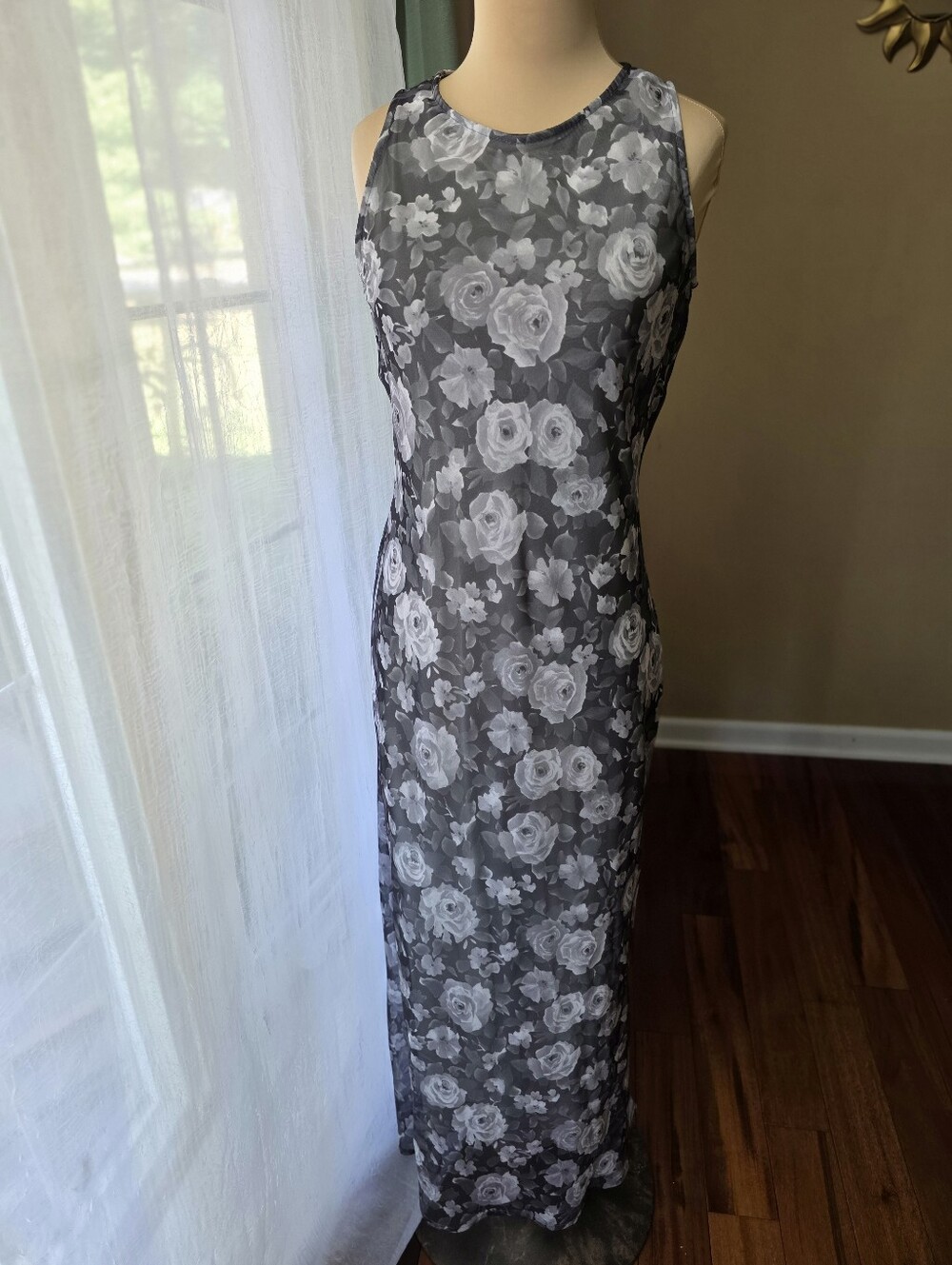Vintage 90s Black Gray Floral Chiffon Column Dress Whimsigoth Small Aqua Blues